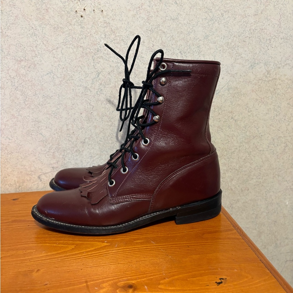 Vintage Justin 510 burgundy leather lace-up kiltie roper boots women’s size 5 B